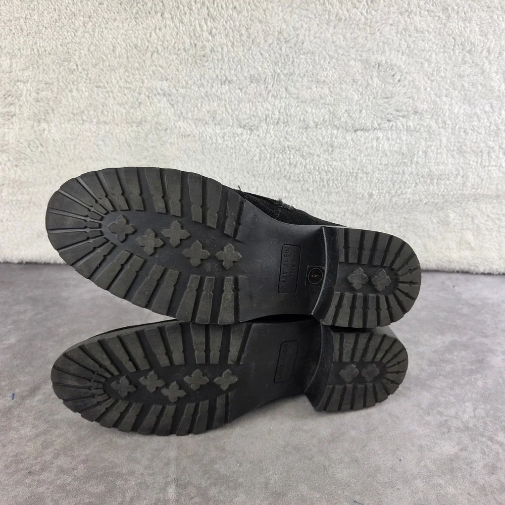 Anne Klein Iflex Black Suede Moto Ankle Boots Double Buckle Lug Sole Women 9M